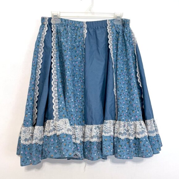 VINTAGE VTG PITCHFORK BRAND Blue Floral Patchwork White Lace Trim A-Line Skirt S